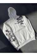 Kadın Oversize Kapüşonlu Kanguru Cepli Baskılı 3 İplik Pamuklu Sweatshirt Hoodie -   Beyaz