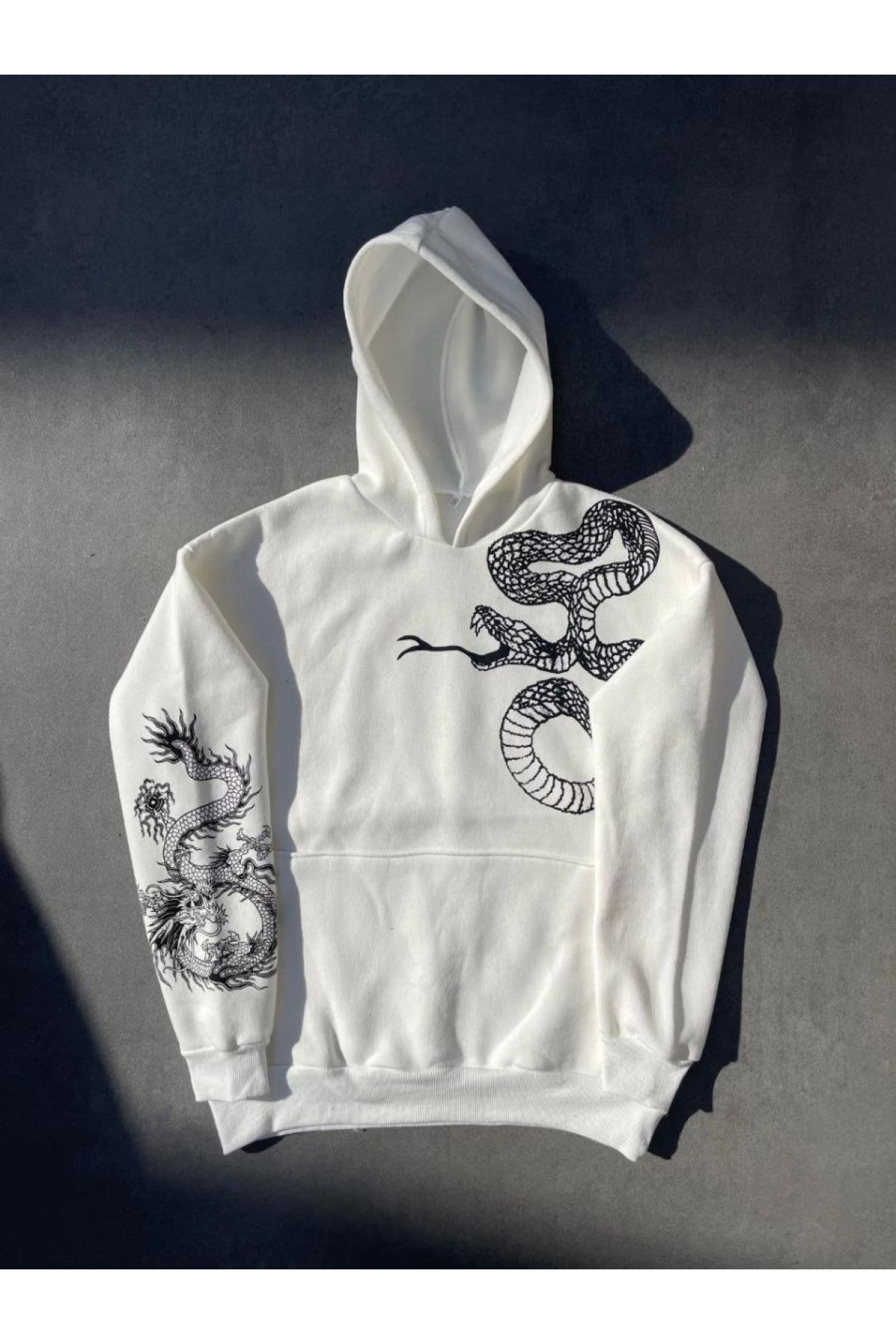 Kadın Oversize Kapüşonlu Kanguru Cepli Baskılı 3 İplik Pamuklu Sweatshirt Hoodie -   Beyaz