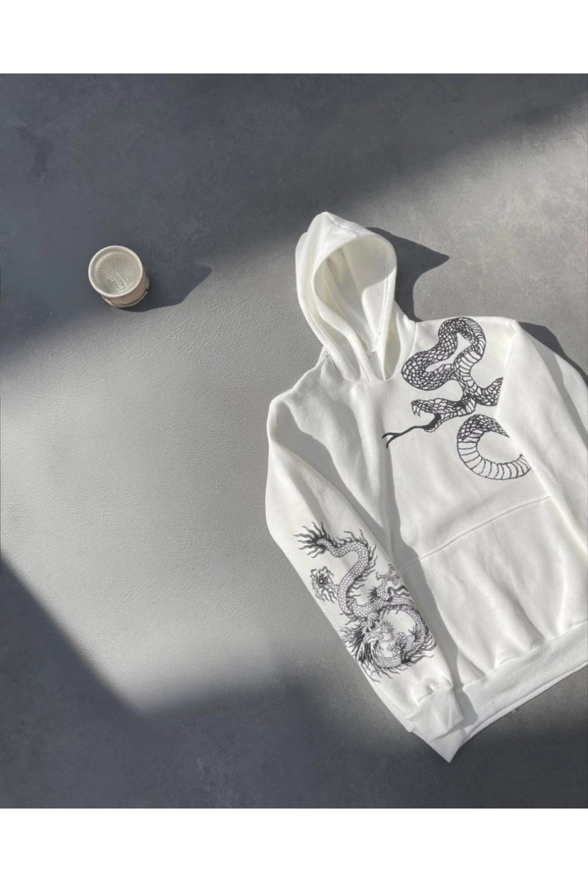 Kadın Oversize Kapüşonlu Kanguru Cepli Baskılı 3 İplik Pamuklu Sweatshirt Hoodie -   Beyaz