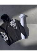 Kadın Oversize Kapüşonlu Cepli Baskılı 3 İplik Pamuklu Hoodie Sweatshirt - Siyah
