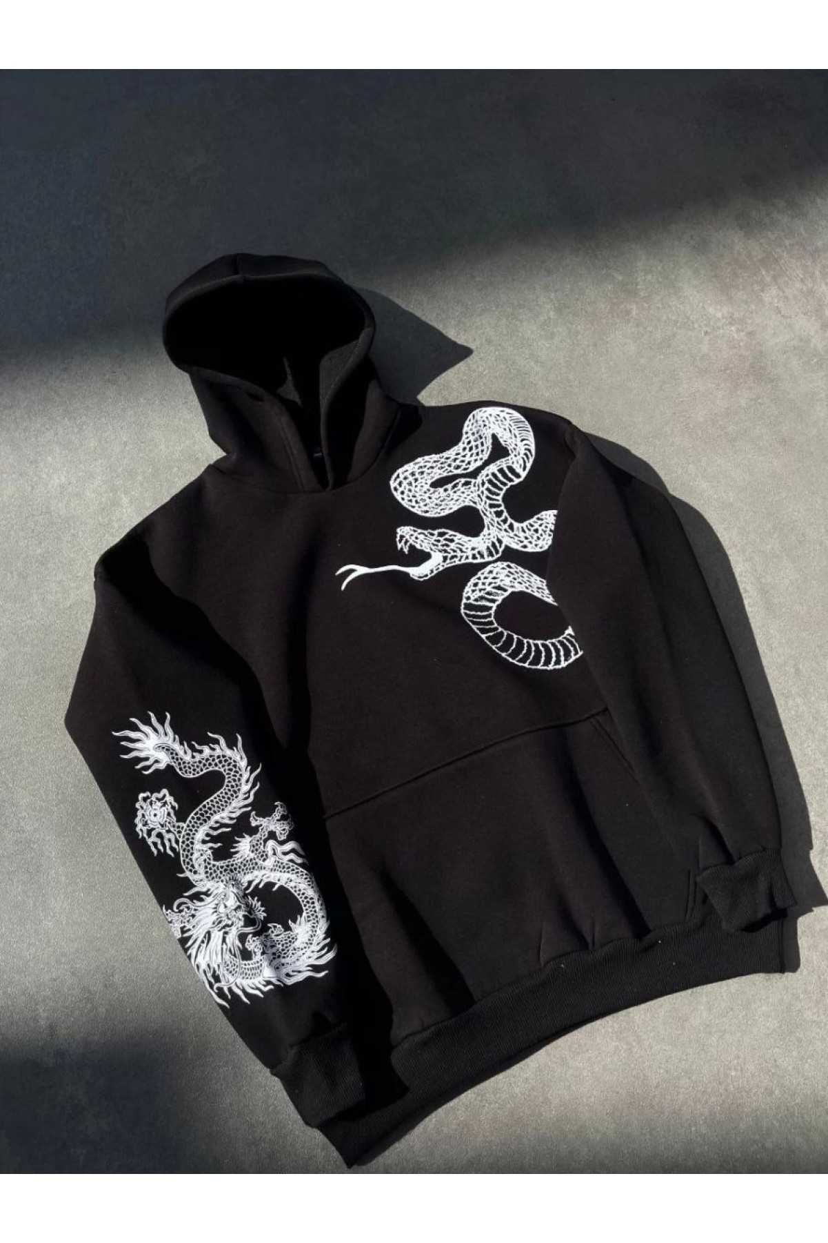 Kadın Oversize Kapüşonlu Cepli Baskılı 3 İplik Pamuklu Hoodie Sweatshirt - Siyah