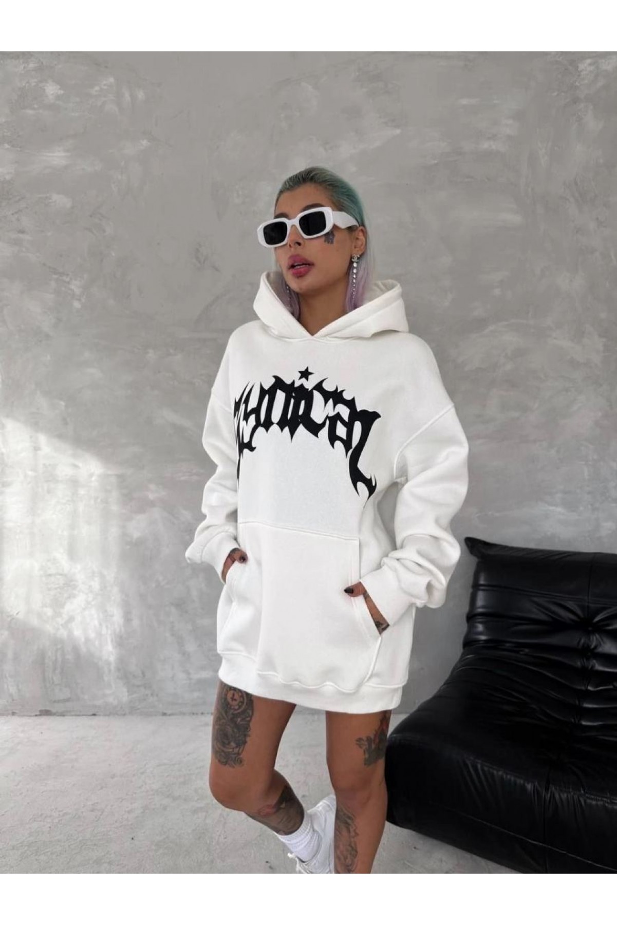 Kadın Oversize Kapüşonlu Cepli Baskılı 3 İplik Pamuklu Hoodie Sweatshirt - Beyaz