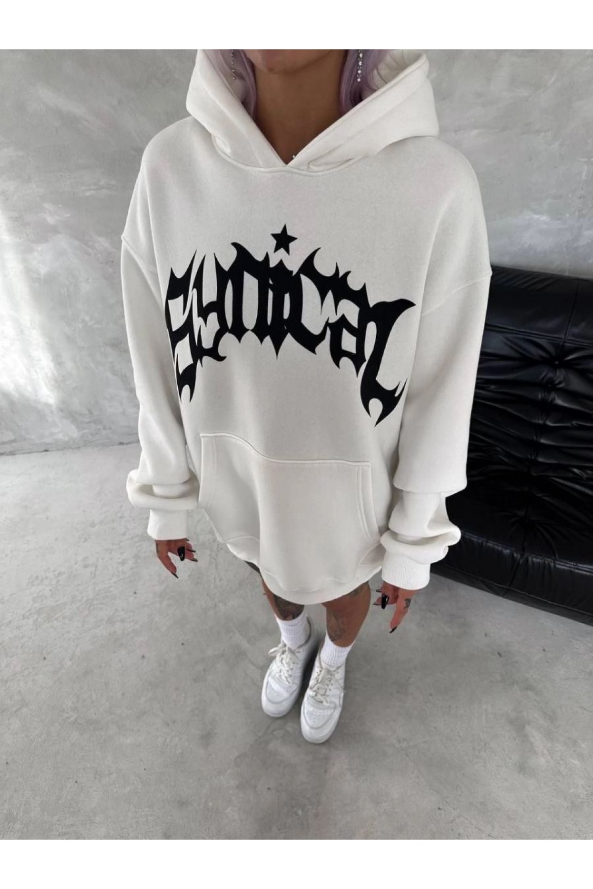 Kadın Oversize Kapüşonlu Cepli Baskılı 3 İplik Pamuklu Hoodie Sweatshirt - Beyaz