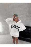 Kadın Oversize Kapüşonlu Cepli Baskılı 3 İplik Pamuklu Hoodie Sweatshirt - Beyaz