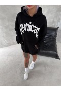 Kadın Oversize Kapüşonlu Cepli Baskılı 3 İplik Pamuklu Hoodie Sweatshirt - Siyah