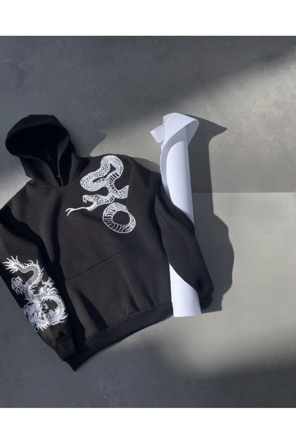 Erkek 3 İplik Pamuklu Kapüşonlu Baskılı Cepli Oversize Sweatshirt Hoodie - Siyah