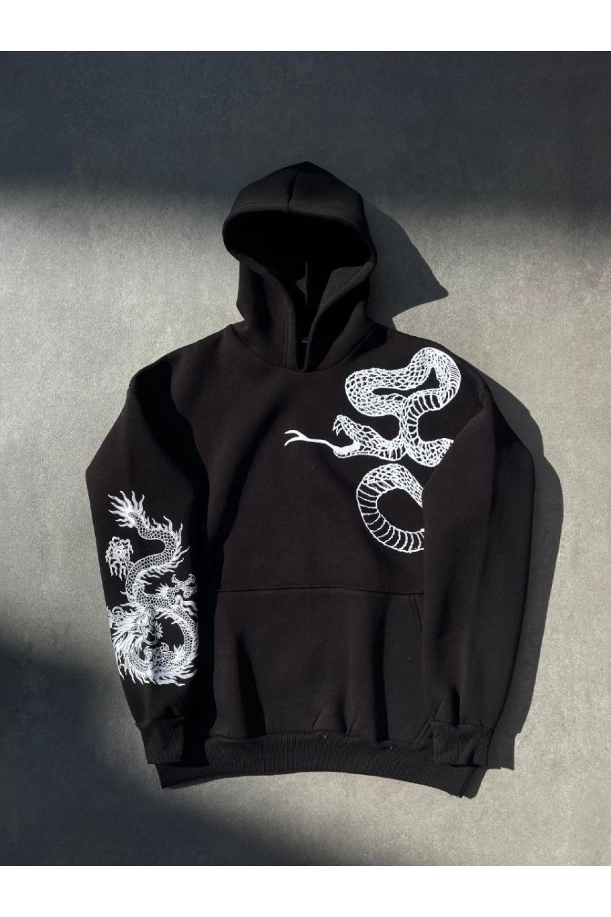 Erkek 3 İplik Pamuklu Kapüşonlu Baskılı Cepli Oversize Sweatshirt Hoodie - Siyah