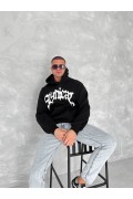 Erkek 3 İplik Pamuklu Kapüşonlu Baskılı Cepli Oversize Sweatshirt Hoodie - Siyah