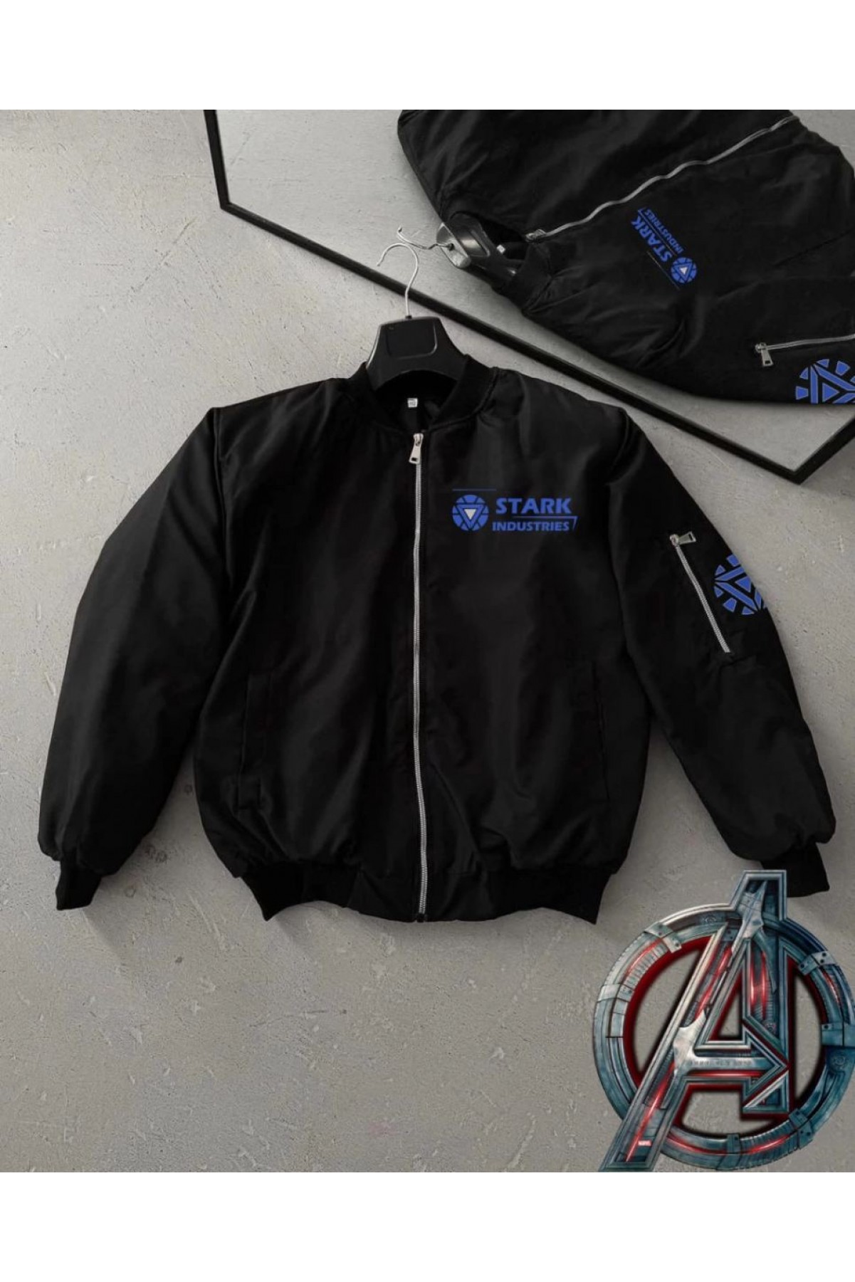 ERKEK Stark Industries Siyah Bomber Mont Fermuarlı Cepli Uzun Kollu Kapitone - Siyah