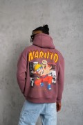 Erkek 3 İplik Pamuklu Kapüşonlu Baskılı Cepli Oversize Sweatshirt Hoodie - Gül Kurusu