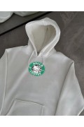 Kadın Oversize Kapüşonlu Kanguru Cepli Baskılı 3 İplik Pamuklu Sweatshirt Hoodie -   Beyaz