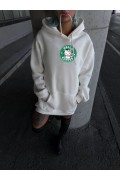 Kadın Oversize Kapüşonlu Kanguru Cepli Baskılı 3 İplik Pamuklu Sweatshirt Hoodie -   Beyaz