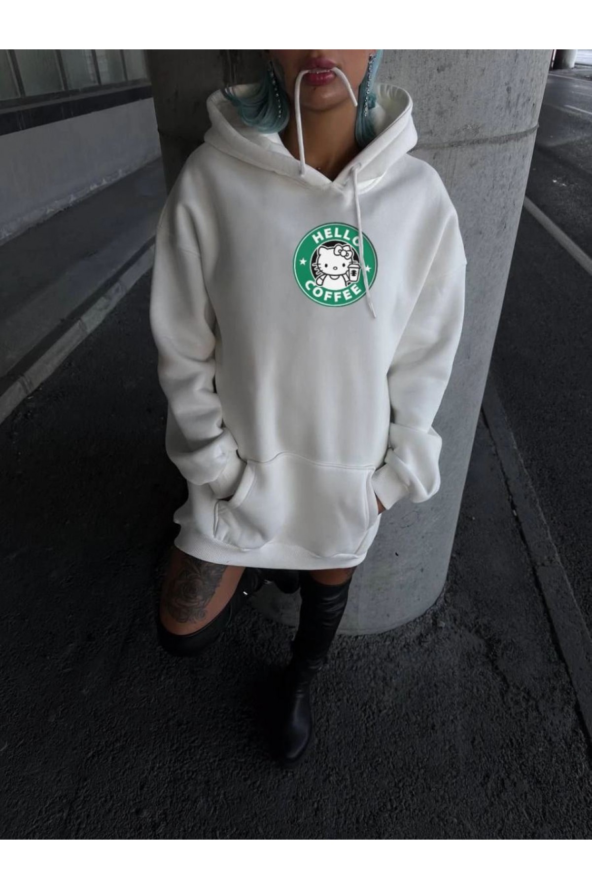 Kadın Oversize Kapüşonlu Kanguru Cepli Baskılı 3 İplik Pamuklu Sweatshirt Hoodie -   Beyaz