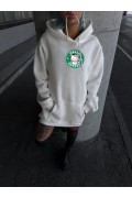 Kadın Oversize Kapüşonlu Kanguru Cepli Baskılı 3 İplik Pamuklu Sweatshirt Hoodie -   Beyaz