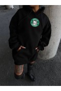 Kadın Oversize Kapüşonlu Kanguru Cepli Baskılı 3 İplik Pamuklu Sweatshirt Hoodie -   Siyah