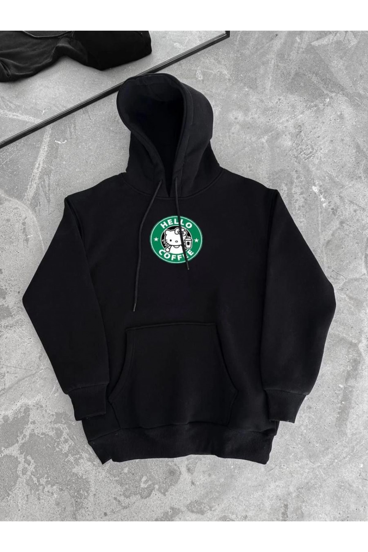 Kadın Oversize Kapüşonlu Kanguru Cepli Baskılı 3 İplik Pamuklu Sweatshirt Hoodie -   Siyah