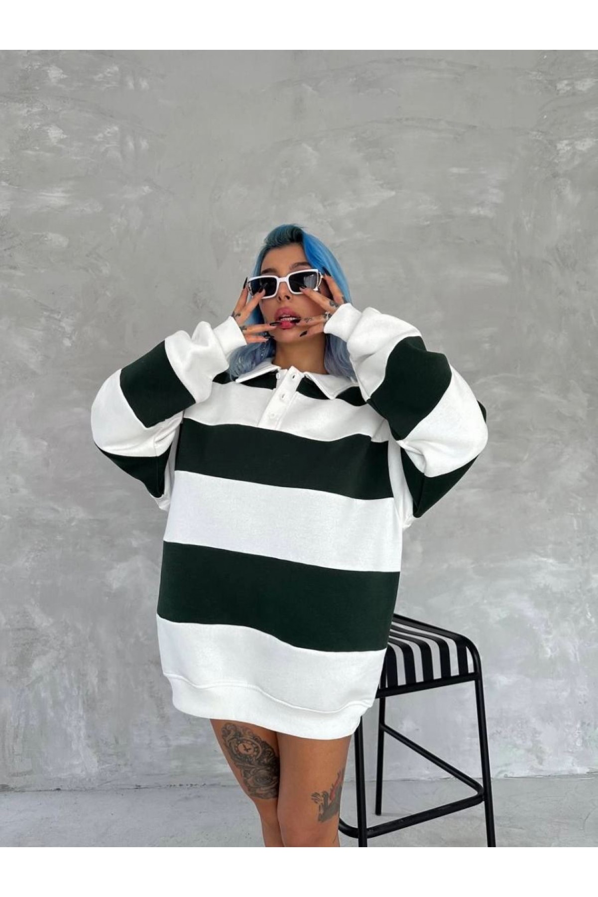 Kadın 3 iplik Pamuklu Parçalı Yakalı SweatShirt - Yeşil