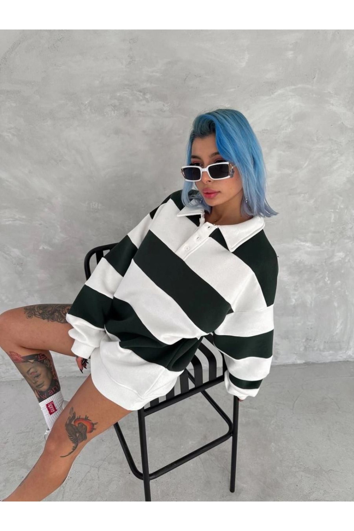 Kadın 3 iplik Pamuklu Parçalı Yakalı SweatShirt - Yeşil