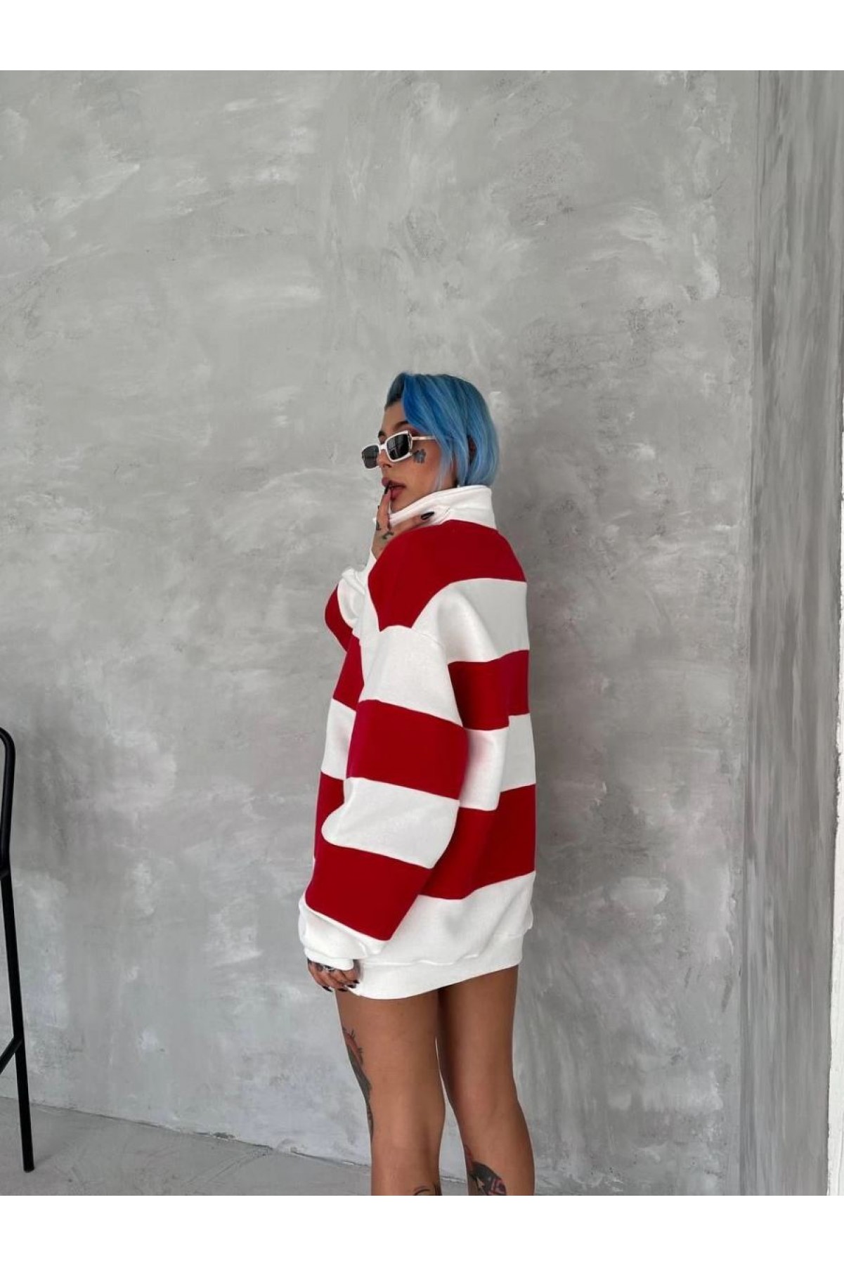 Kadın 3 İplik Pamuklu Parçalı Yakalı SweatShirt - Kırmızı