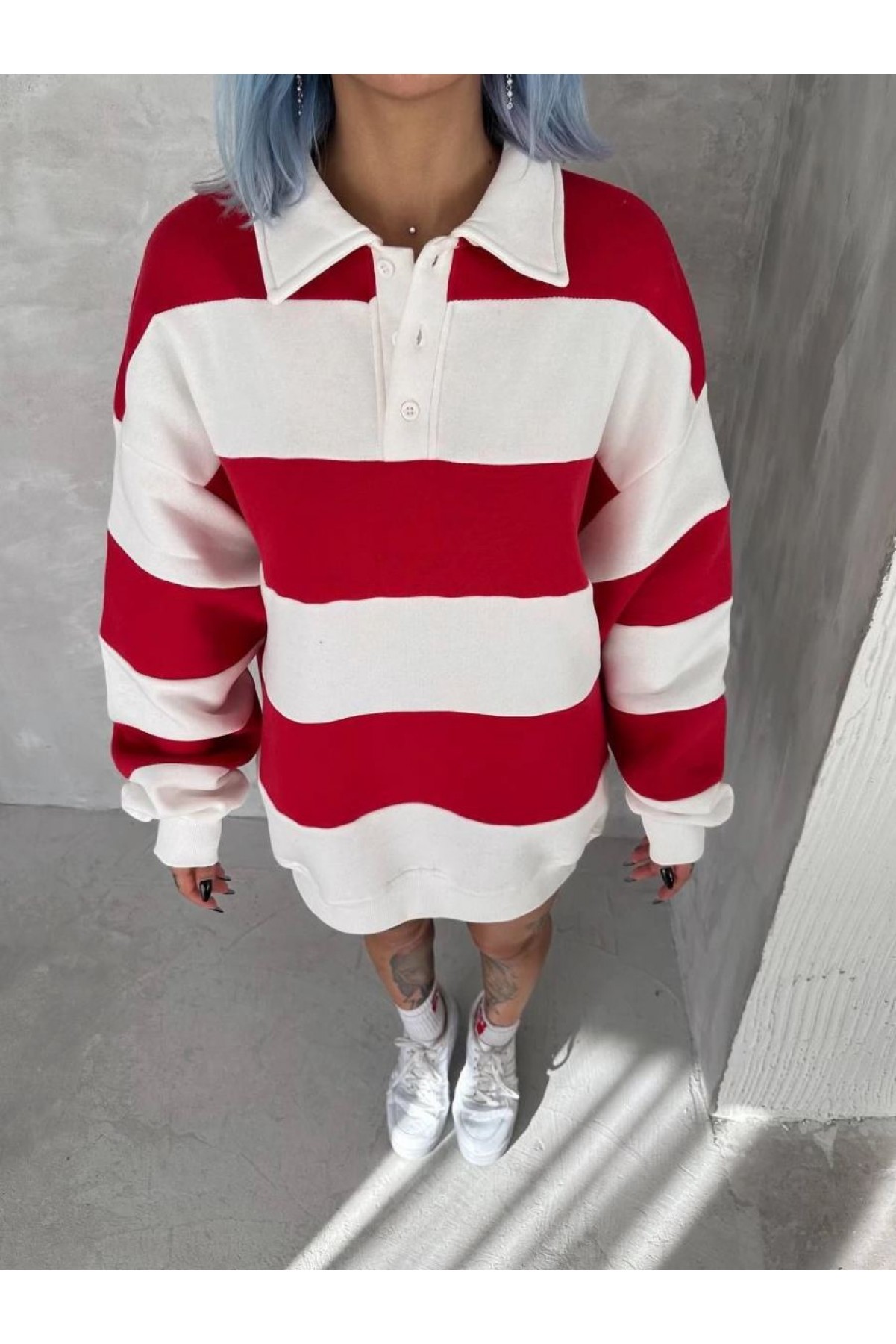 Kadın 3 İplik Pamuklu Parçalı Yakalı SweatShirt - Kırmızı