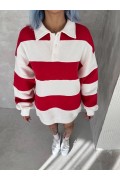 Kadın 3 İplik Pamuklu Parçalı Yakalı SweatShirt - Kırmızı