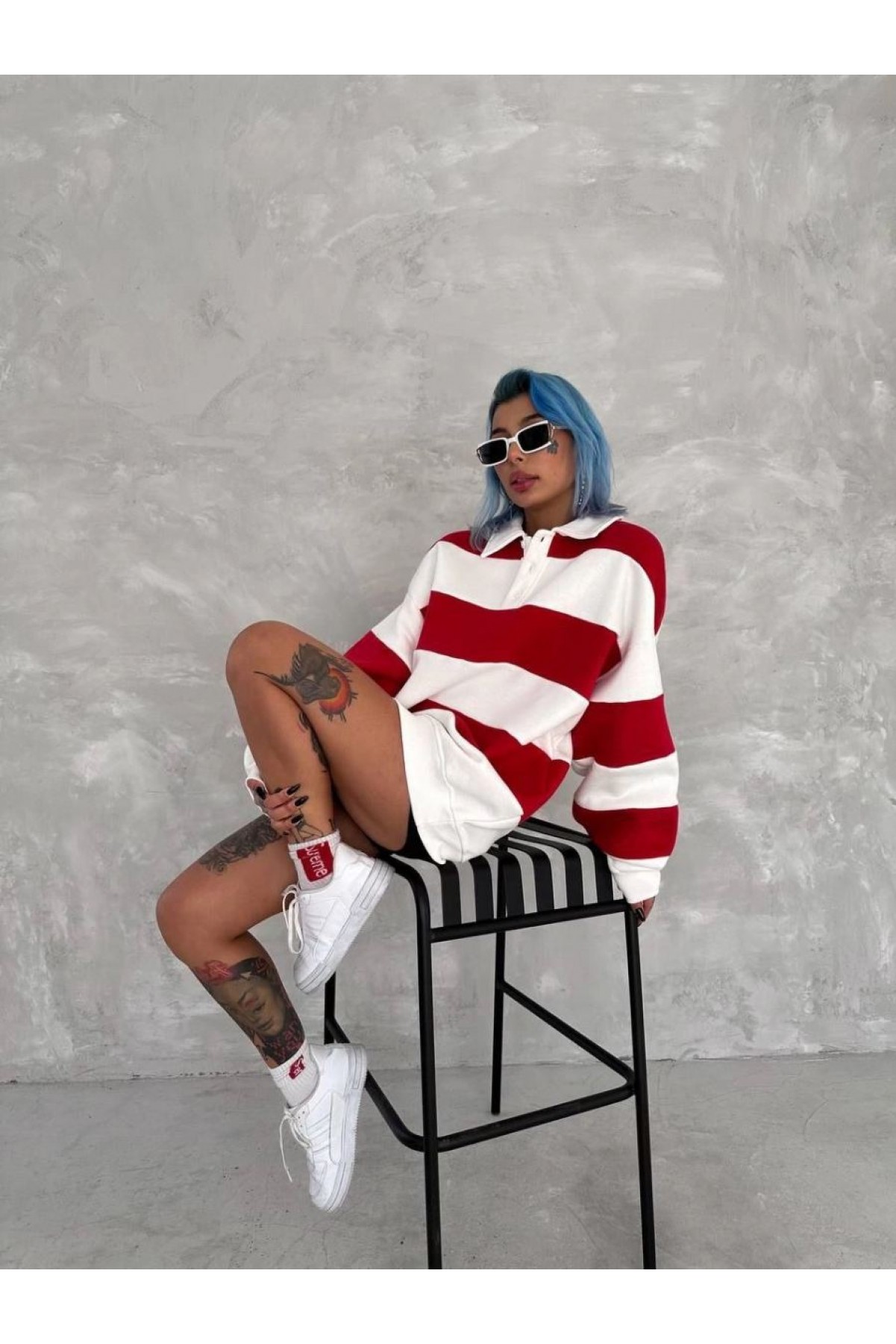 Kadın 3 İplik Pamuklu Parçalı Yakalı SweatShirt - Kırmızı