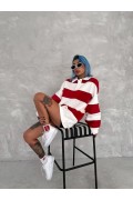 Kadın 3 İplik Pamuklu Parçalı Yakalı SweatShirt - Kırmızı