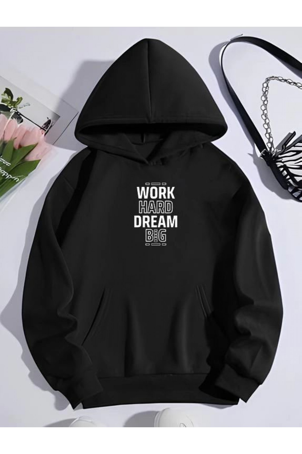Kadın Oversize Kapüşonlu Cepli Baskılı 3 İplik Pamuklu Hoodie Sweatshirt - Siyah