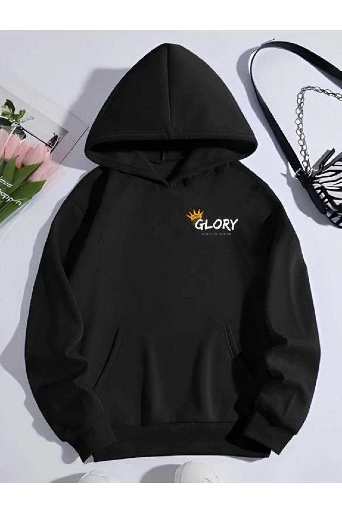 Kadın Oversize Kapüşonlu Kanguru Cepli Baskılı 3 İplik Pamuklu Sweatshirt Hoodie -   Siyah