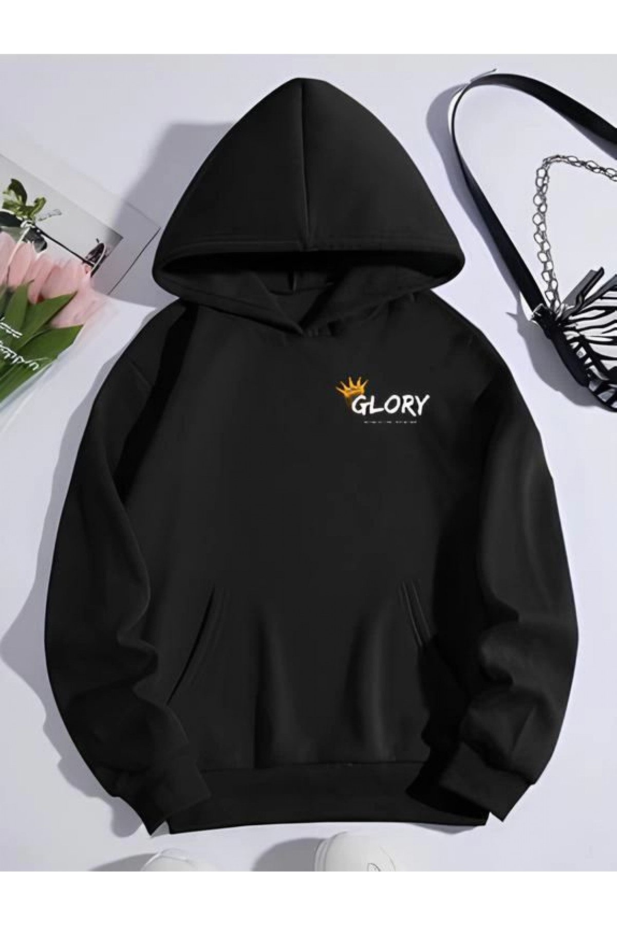 Kadın Oversize Kapüşonlu Kanguru Cepli Baskılı 3 İplik Pamuklu Sweatshirt Hoodie -   Siyah
