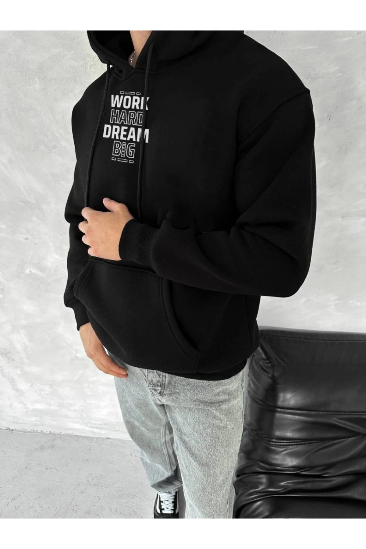 Erkek Kapüşonlu Kanguru Cepli Sweatshirt 3 İplik Pamuklu Baskılı Hoodie - Siyah