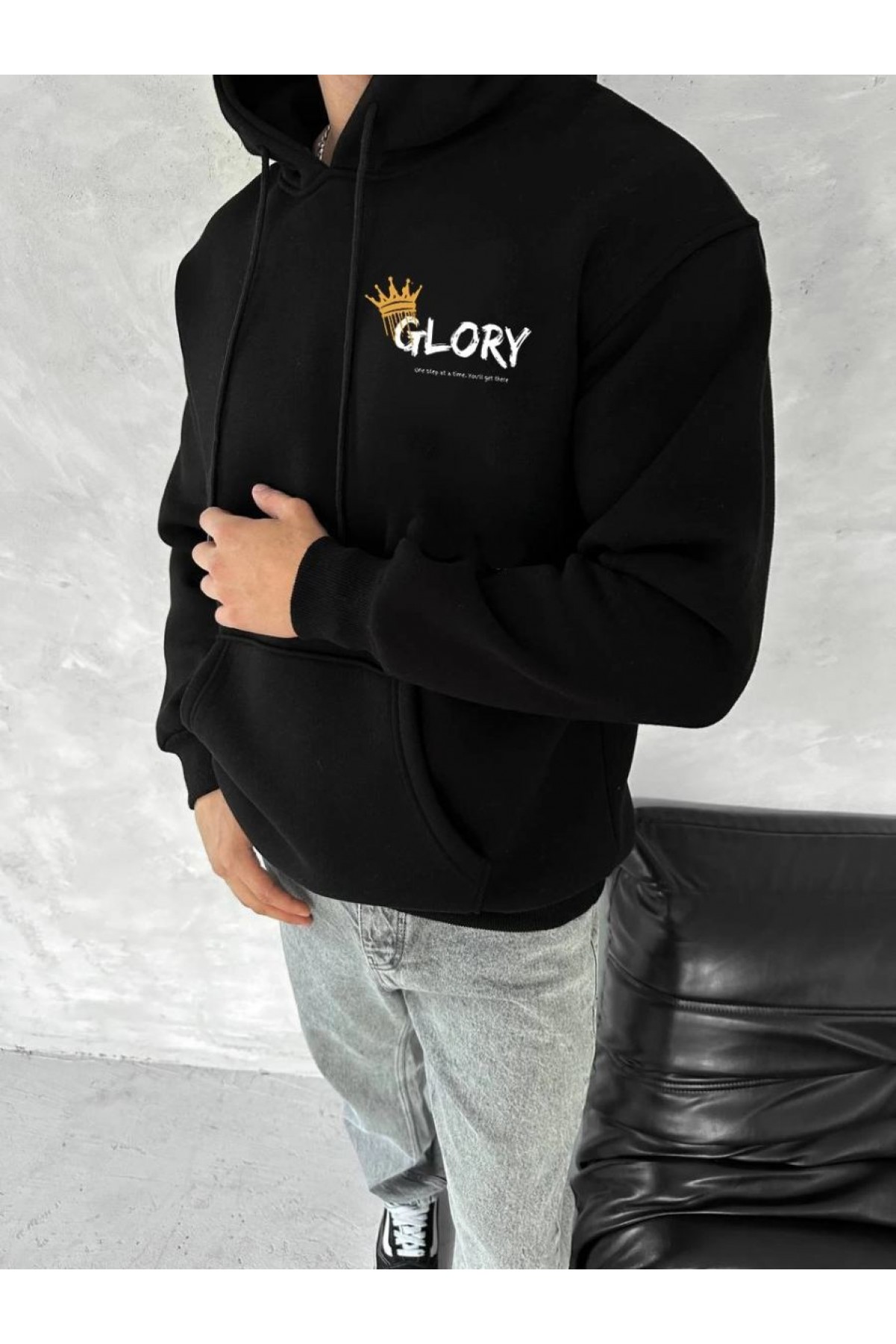 Erkek Kapüşonlu Kanguru Cepli Sweatshirt 3 İplik Pamuklu Baskılı Hoodie - Siyah