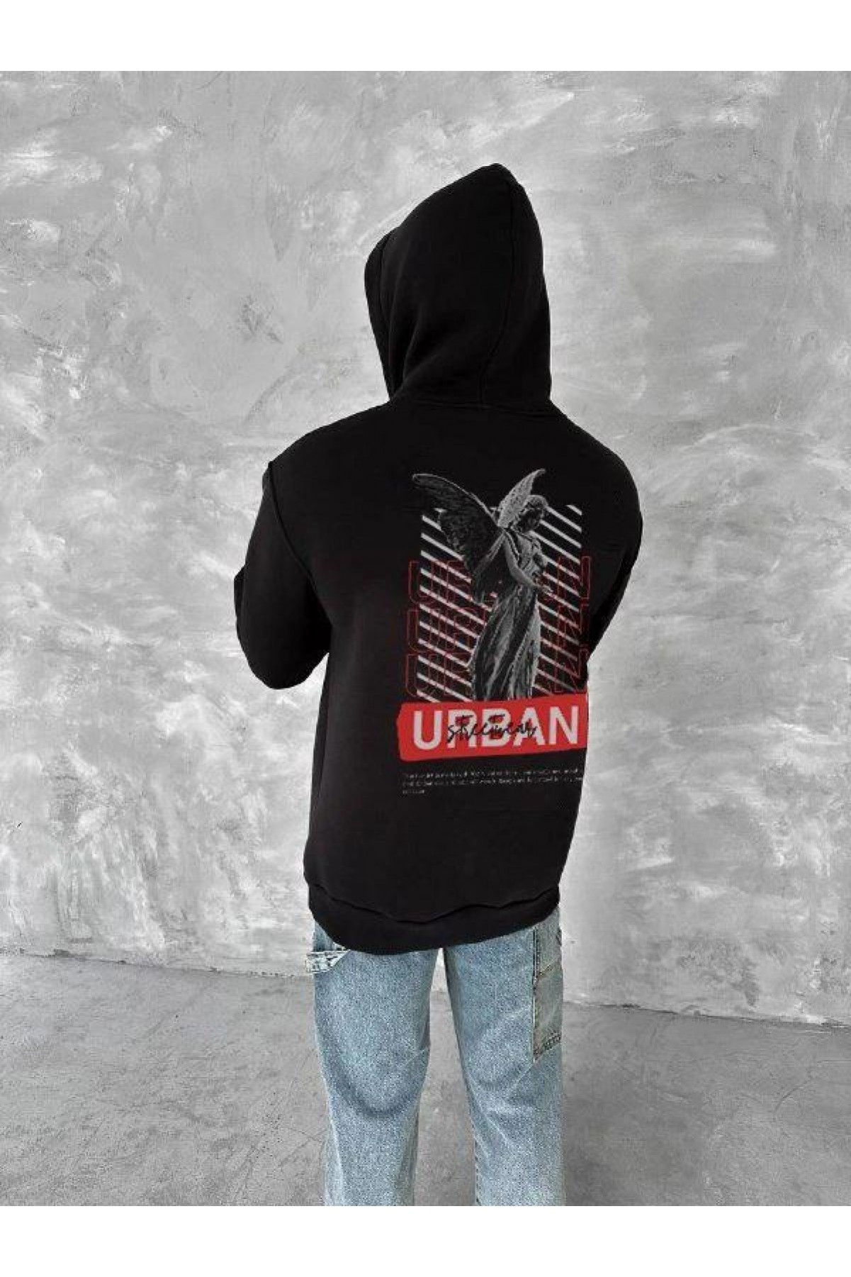 Erkek Kapüşonlu Kanguru Cepli Sweatshirt 3 İplik Pamuklu Baskılı Hoodie - Siyah