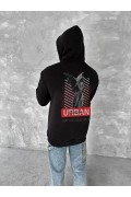 Erkek Kapüşonlu Kanguru Cepli Sweatshirt 3 İplik Pamuklu Baskılı Hoodie - Siyah