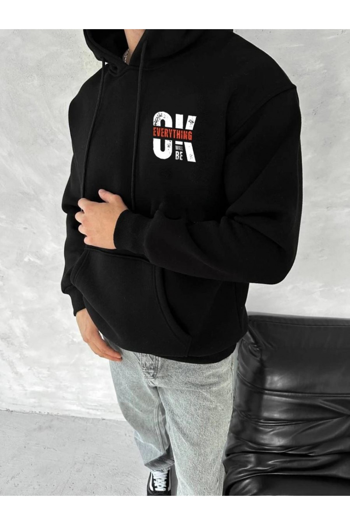 Erkek Kapüşonlu Kanguru Cepli Sweatshirt 3 İplik Pamuklu Baskılı Hoodie - Siyah