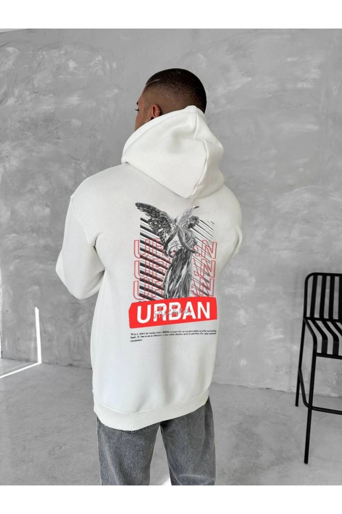 Erkek Kapüşonlu Kanguru Cepli Sweatshirt 3 İplik Pamuklu Baskılı Hoodie - Beyaz