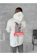 Erkek Kapüşonlu Kanguru Cepli Sweatshirt 3 İplik Pamuklu Baskılı Hoodie - Beyaz