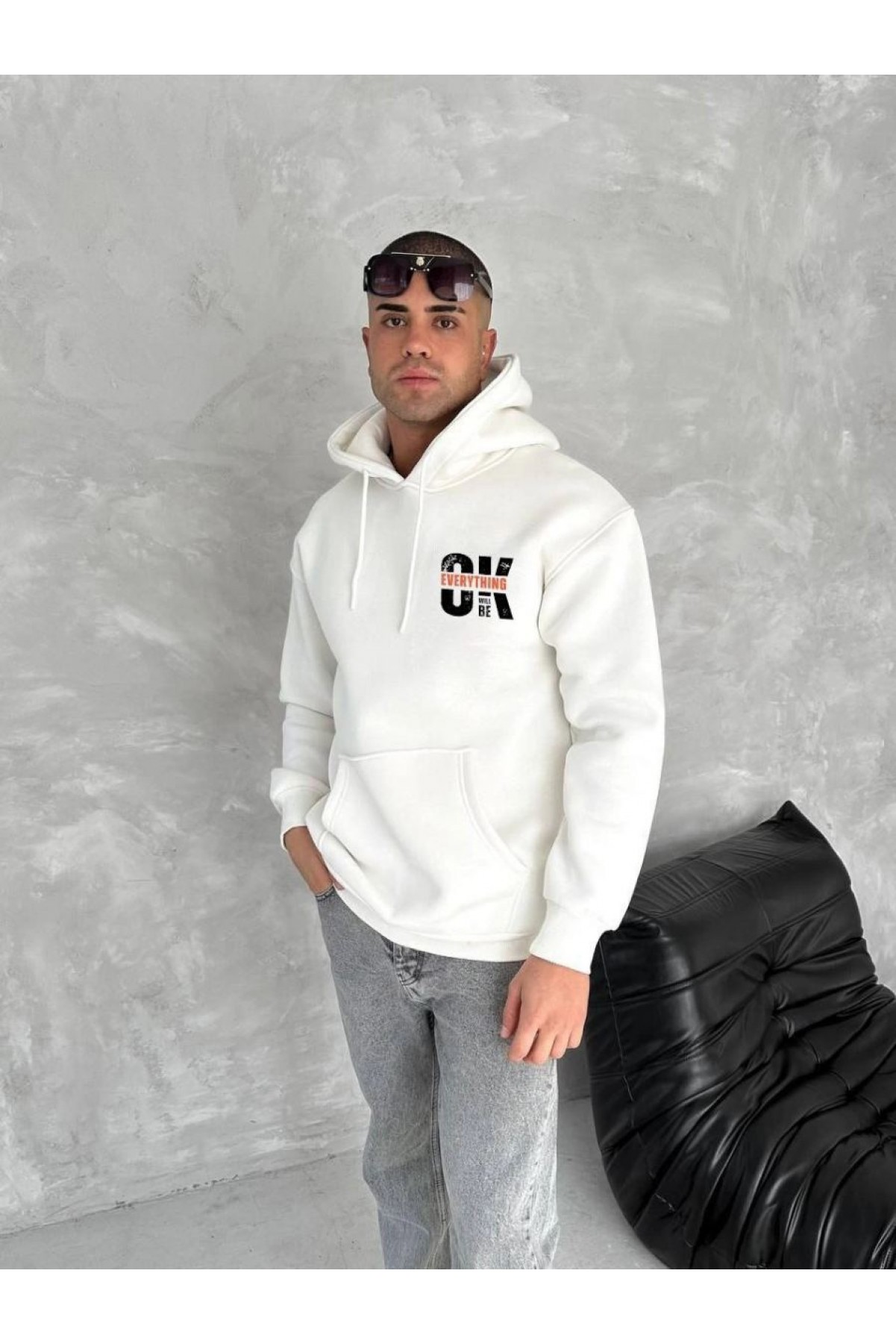 Erkek Kapüşonlu Kanguru Cepli Sweatshirt 3 İplik Pamuklu Baskılı Hoodie - Beyaz