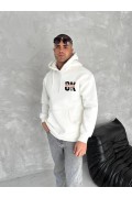 Erkek Kapüşonlu Kanguru Cepli Sweatshirt 3 İplik Pamuklu Baskılı Hoodie - Beyaz
