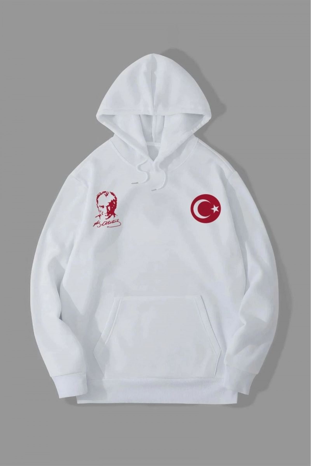 Erkek 10 Kasıma Özel 3 İplik Kapüşonlu Baskılı SweatShirt Hoodie - Beyaz