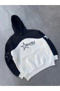Kadın 3 İplik Pamuklu Parçalı Nakış İşlemelı Kapüşonlu SweatShirt Hoodie - Siyah
