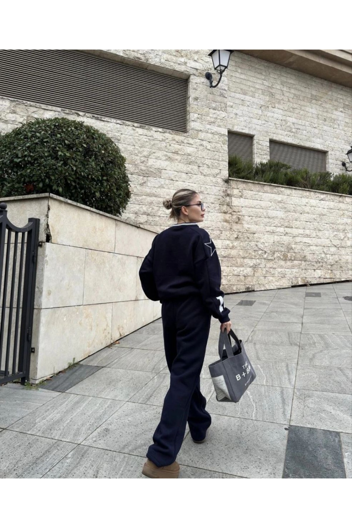 Kadın V Yaka 3 İplik Pamuklu Baskılı Eşofman ikili Takım - Siyah