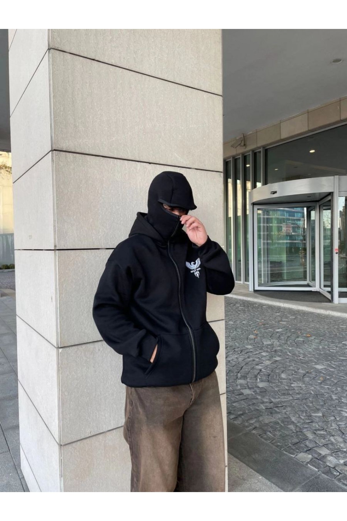 Erkek 3 iplik Samuray kapüşonlu ZIP Fermuarlı SweatShirt Hoodie - Siyah