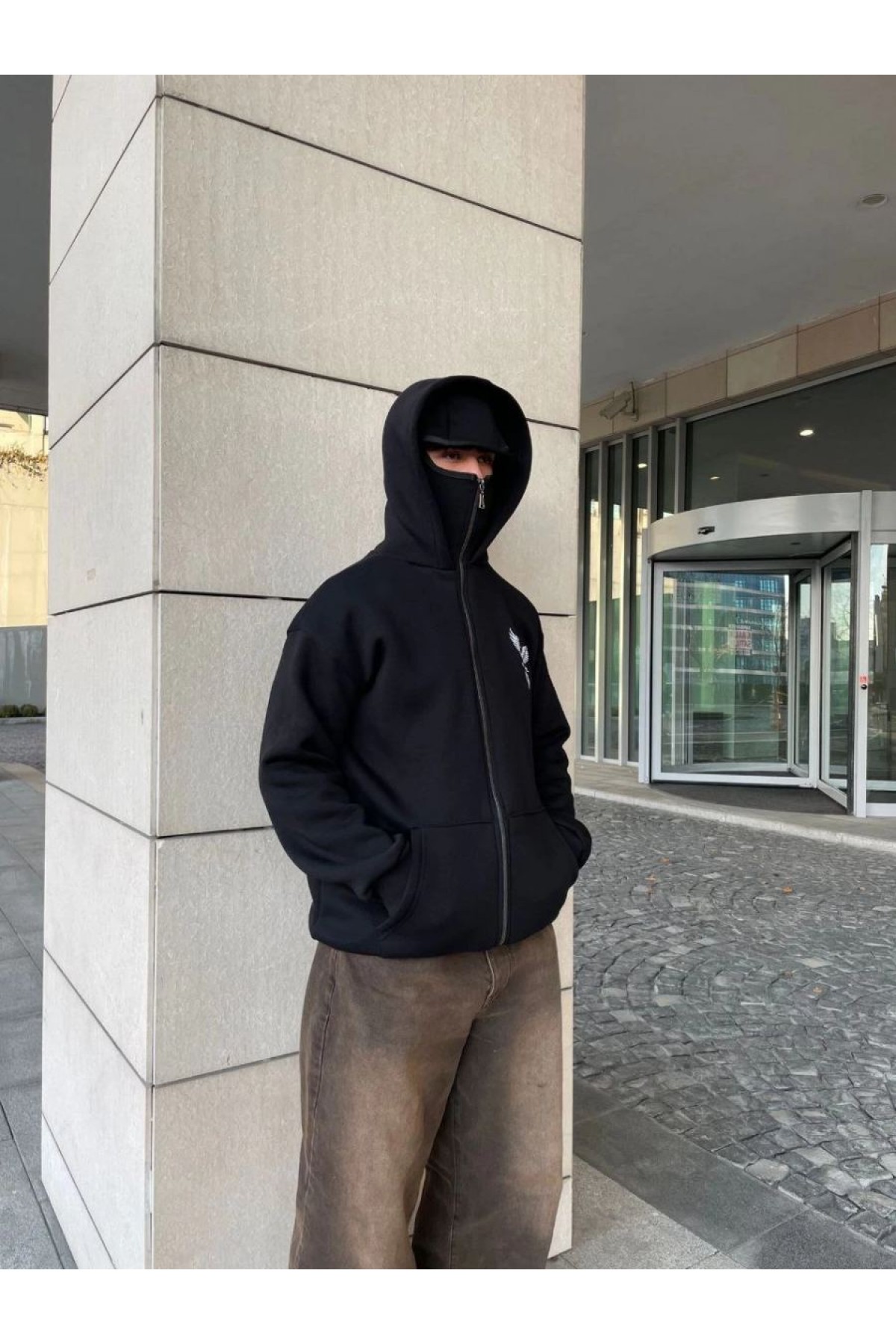 Erkek 3 iplik Samuray kapüşonlu ZIP Fermuarlı SweatShirt Hoodie - Siyah