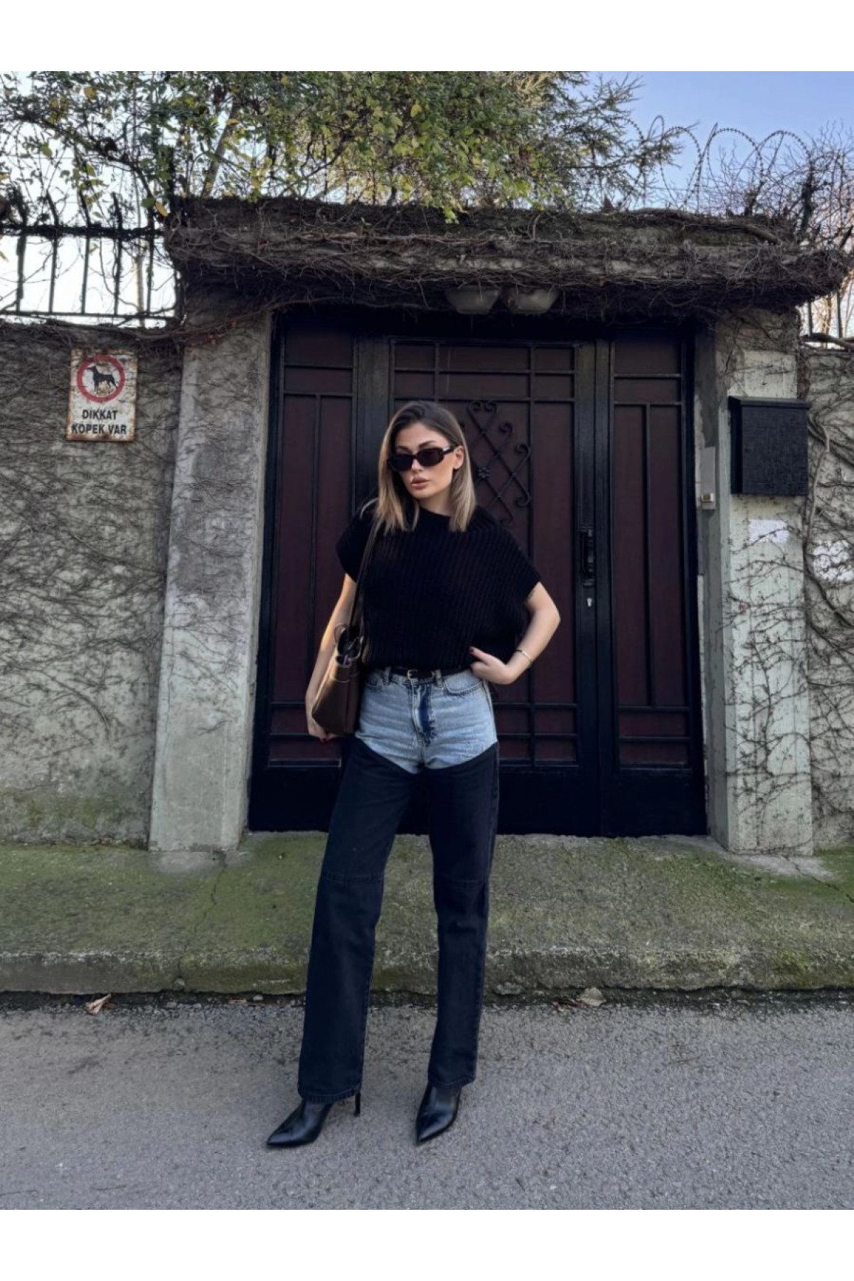 Kadın Jeans Kot Parçalı Palazzo Pantolon - Siyah