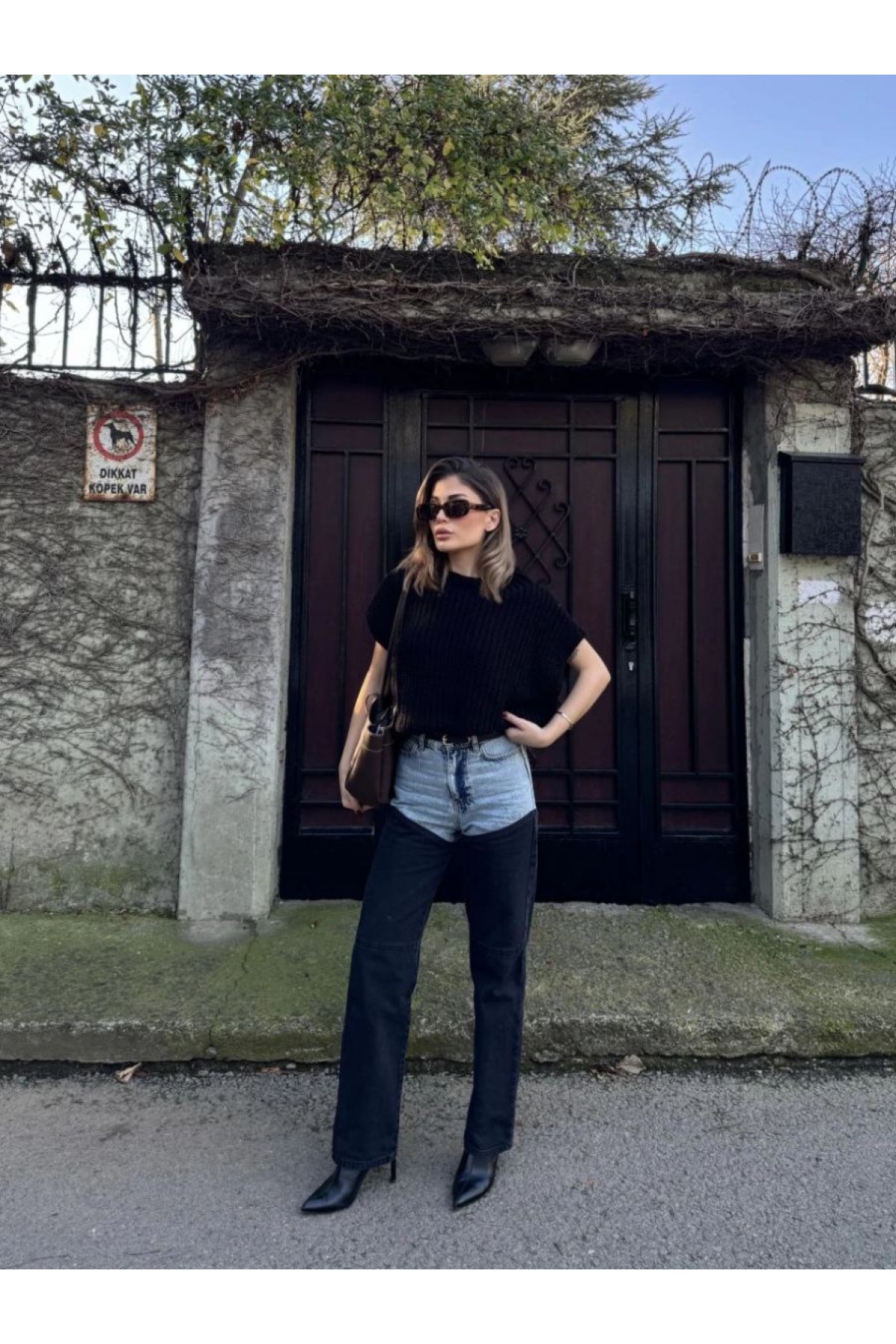 Kadın Jeans Kot Parçalı Palazzo Pantolon - Siyah