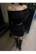 Kadın Straplez , Madonna , Carmen Yaka Croplu Mini Etekli ikili Alt-Üst Takım Triko - Siyah