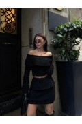 Kadın Straplez , Madonna , Carmen Yaka Croplu Mini Etekli ikili Alt-Üst Takım Triko - Siyah