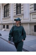 Kadın Bisiklet Yaka Nakış İşlemeli 3 İplik Pamuklu Sweat Alt-Üst Takım - Yeşil