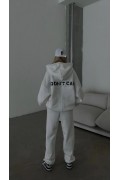 Kadın Nakış İşlemeli 3 İplik Pamuklu Sweat Alt-Üst Takım- Beyaz